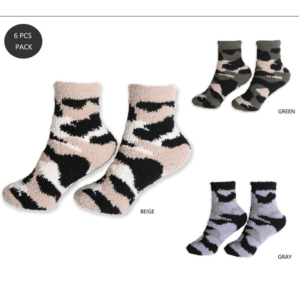 P/S 6 pairs Pack! Camouflage Fuzzy/Soft/Cozy Mini-Crew Socks·Sleeping·ComfyLuxe
